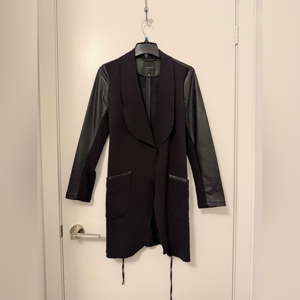 Dynamite Black Long Blazer with Faux Leather Sleeves
